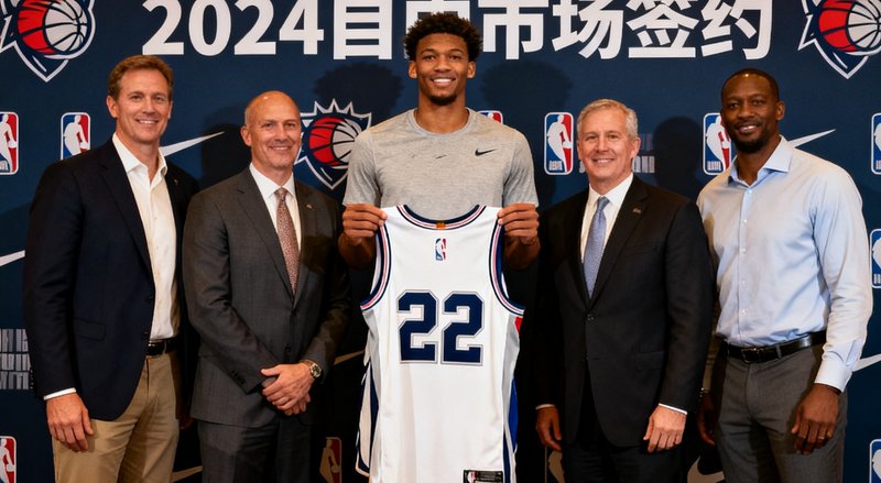 NBA自由市场签约新闻发布会现场，新援手持球衣与球队管理层合影